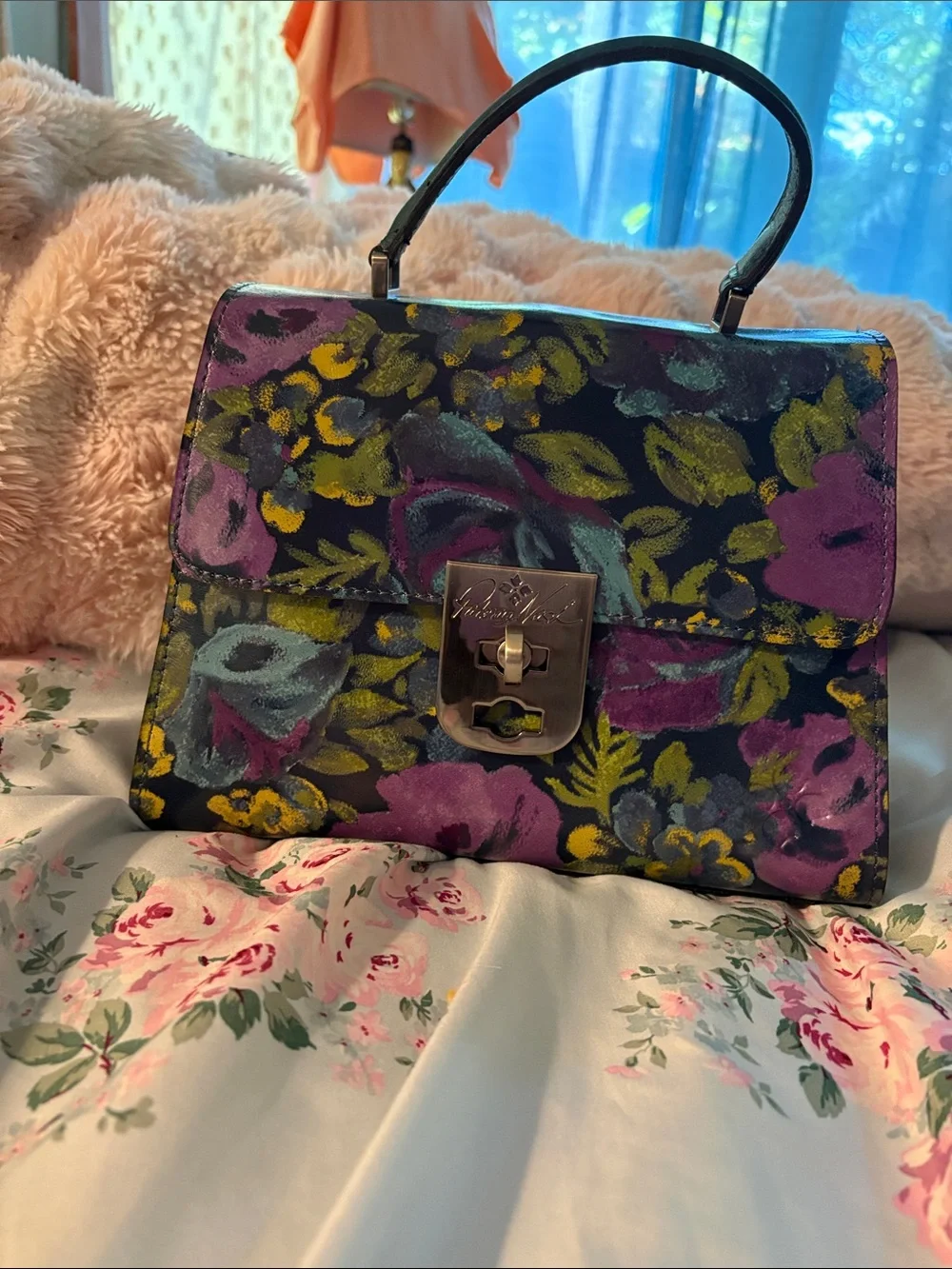 Patricia Nash Floral Painted Leather Top-Handle Bag in Black, Purple, Yellow